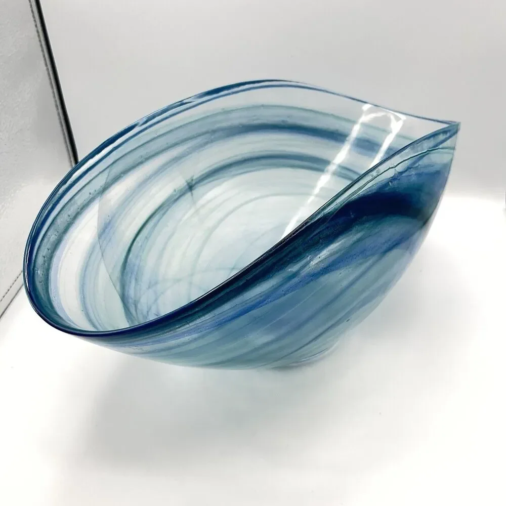 14"x7" Oval Blue Folded Satin Glass Bowl Lines Swirls - Picture 11 of 16
